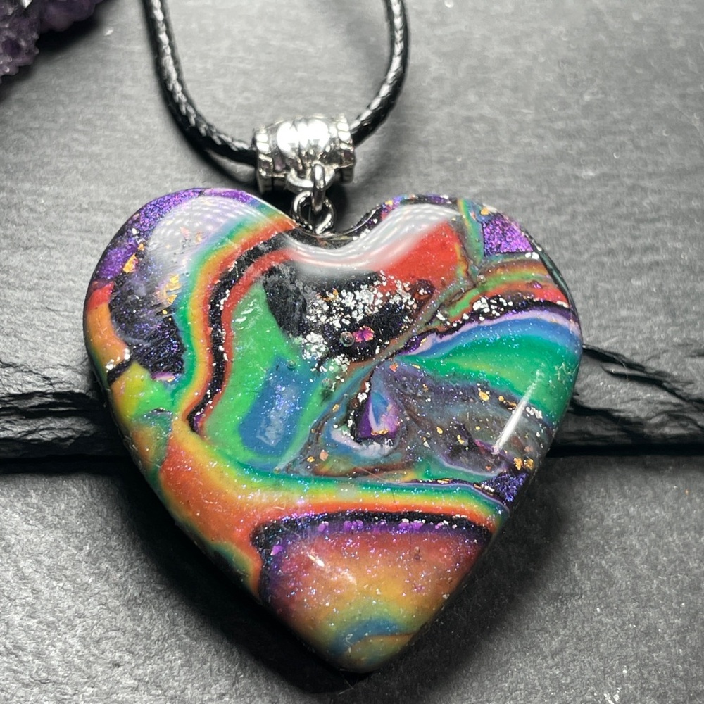 Lisa Frank Inspired Rainbow Galaxy Heart Pendant Necklace Hand Crafted - Picture 9 of 14